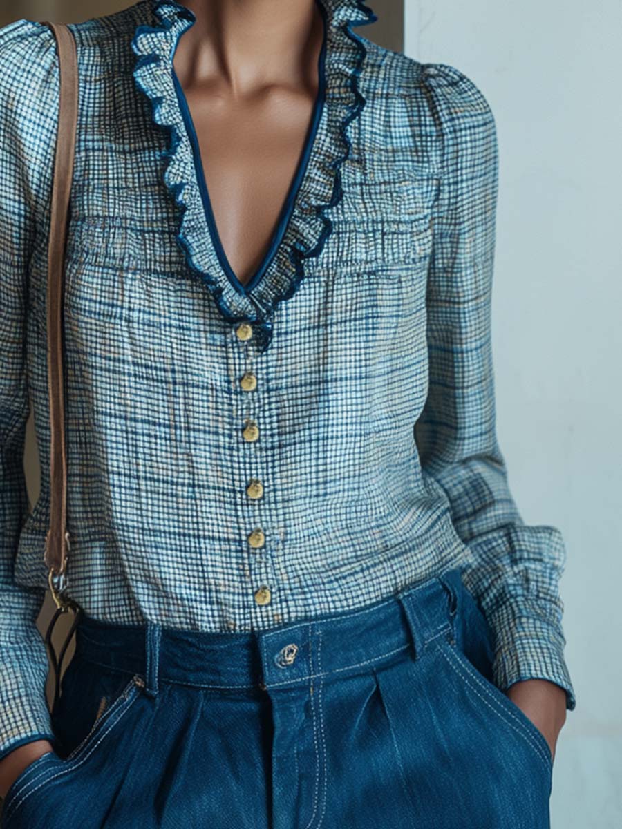 Oakly Fashion™ | Metal Button Blue Plaid Shirt