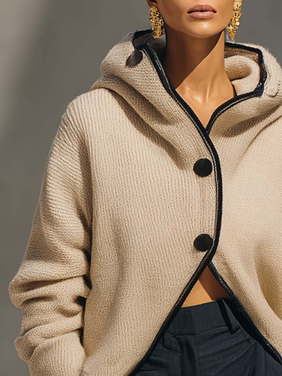 Comfortable And Fashionable Urban Black Trim Front Button Hooded Beige Knitted Cardigan
