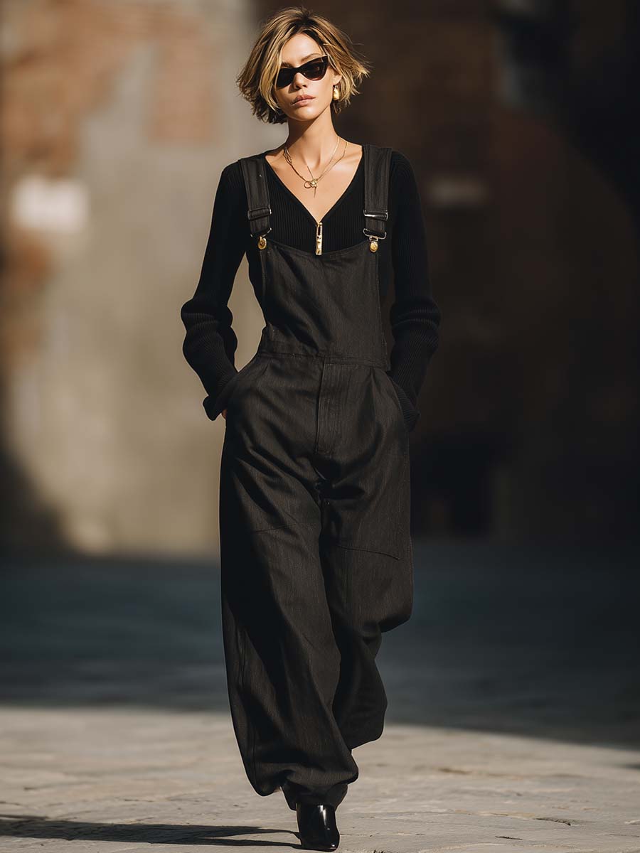 Classic Simple And Versatile Black High-quality Denim Wide-leg Jumpsuit