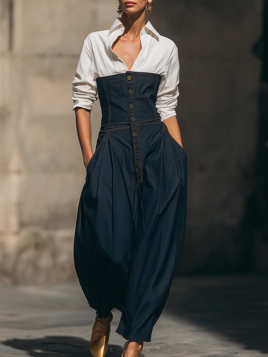 Temperamental And Fashionable Urban Dark Blue Denim Tube Top Loose Jumpsuit And White Shirt Set